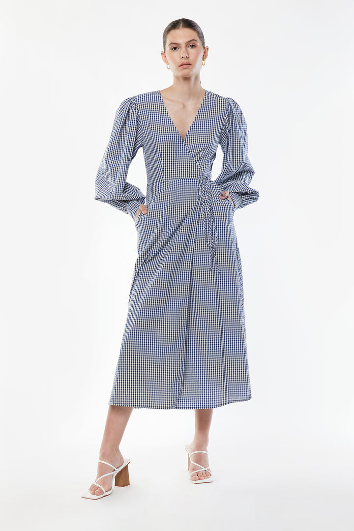GINGHAM SEERSUCKER WRAP DRESS in Estate Blue Gingham — alternate angle