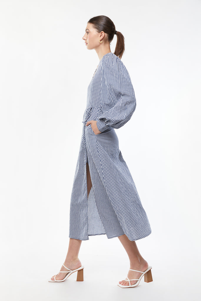 blue gingham wrap dress Lillian Dress in Dark Blue Gingham