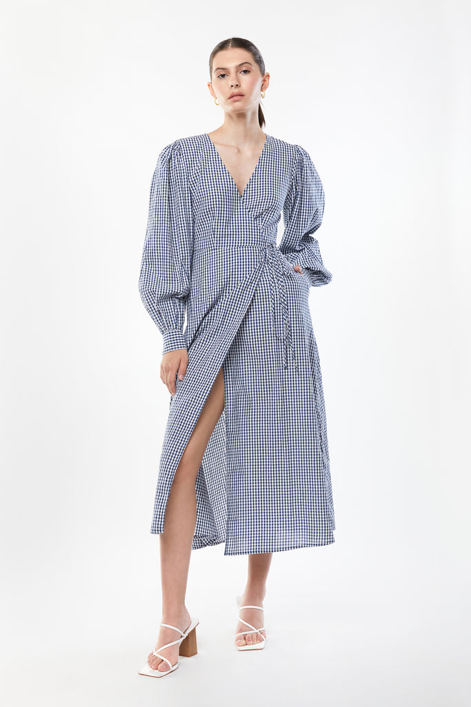 Gingham SEERSUCKER WRAP DRESS Estate Blue Gingham / Extra Small Gingham SEERSUCKER WRAP DRESS Estate Blue Gingham / Extra Small