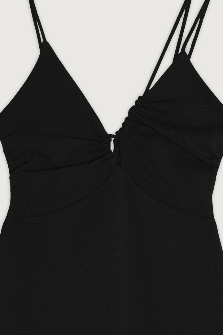 FRONT CUT-OUT PONTE MINI DRESS in Black — alternate angle