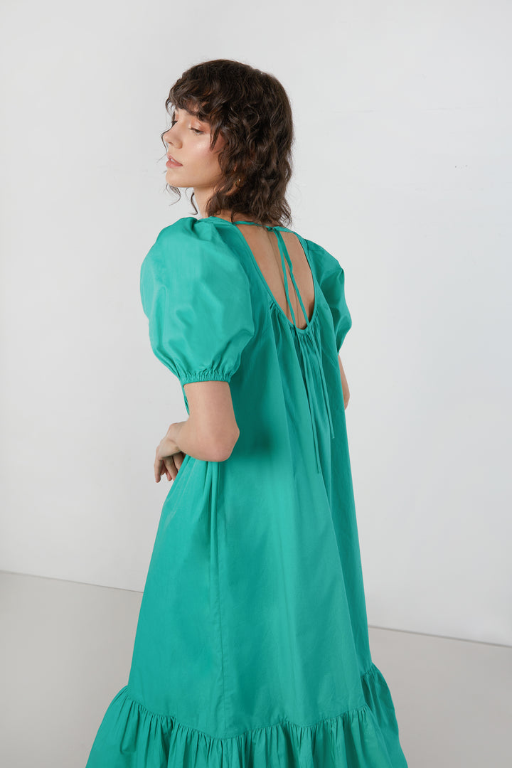 PUFF SLEEVE TIERED DRESS in Marine Green — alternate angle