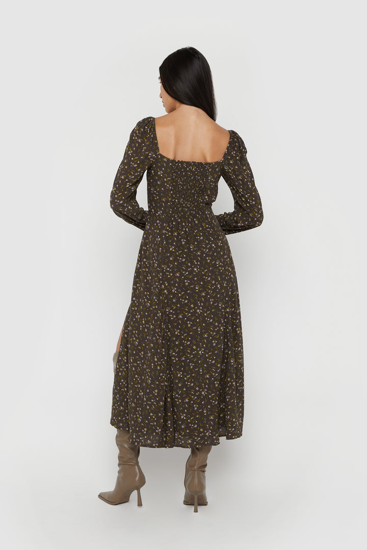 FLORAL MIDI DRESS in Turkish Coffee Garden Print — alternate angle