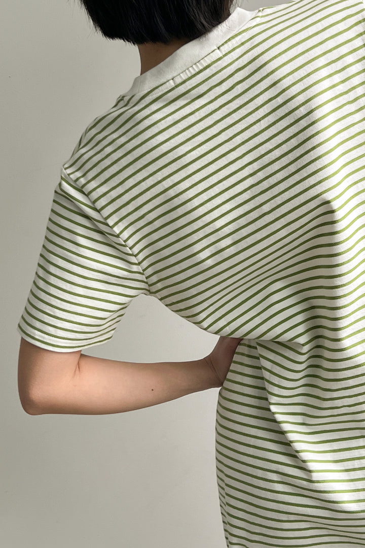 STRIPED T-SHIRT DRESS in Coconut Milk Green Grass Stripe — alternate angle