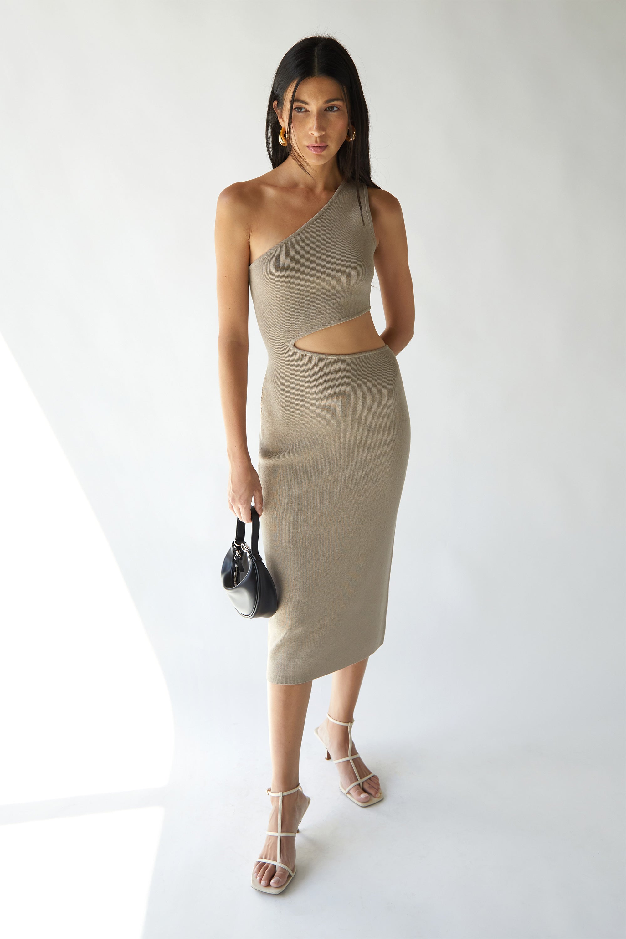 One Shoulder Midi Dress with Cutout | OAK + FORT Sandstone / Large One Shoulder Midi Dress with Cutout | OAK + FORT Sandstone / Large