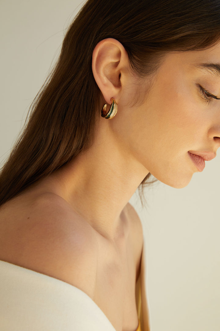 DOUBLE LAYERED HOOP STONE EARRING in Green Taupe Gold — alternate angle