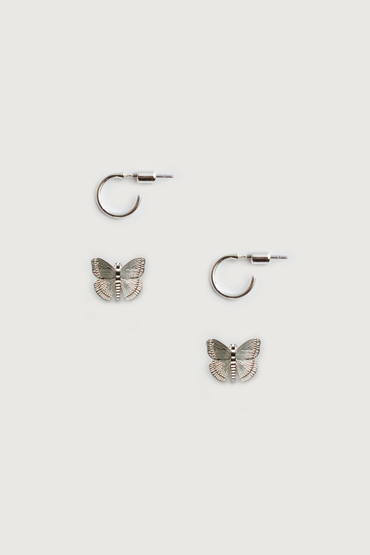 CHARM STUD AND HOOP SET in Silver Butterfly — alternate angle