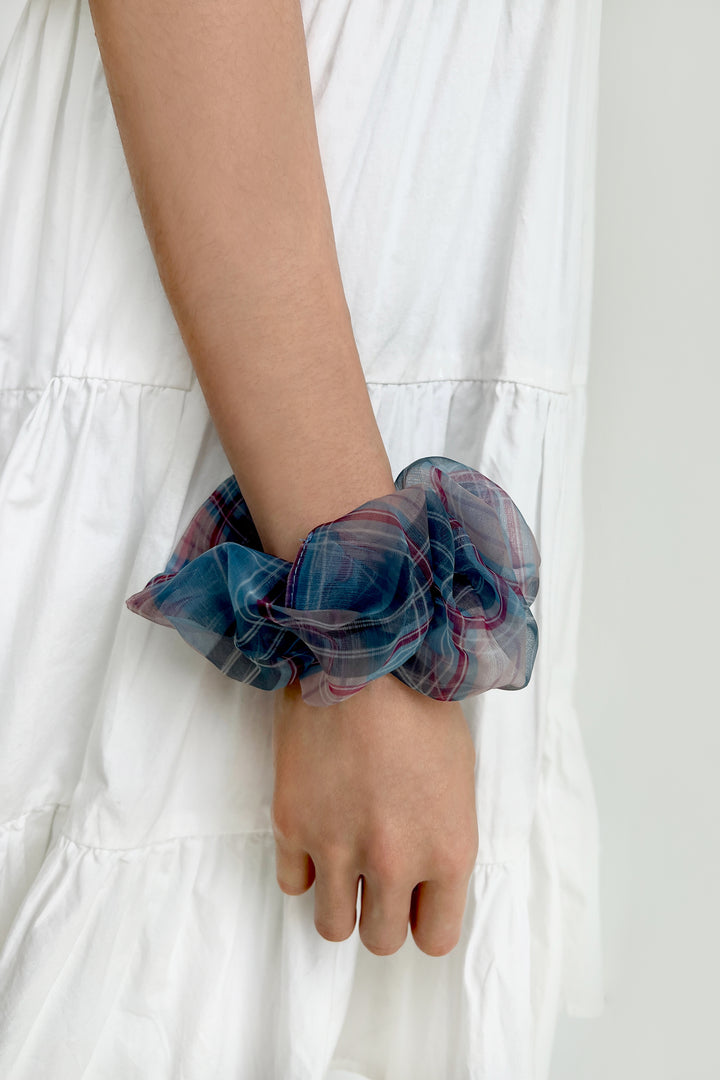 SHEER PLAID HAIR SCRUNCHIE in Blue Plaid — alternate angle