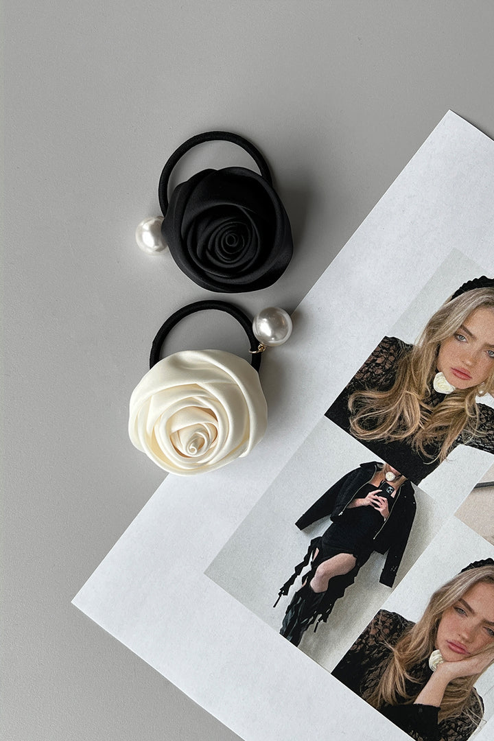 HAIR TIE WITH OVERSIZED FLOWER AND PEARL in Ivory — alternate angle