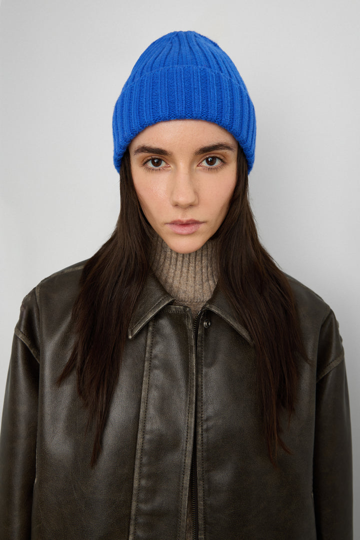 CLASSIC RIBBED KNIT BEANIE in Cobalt Blue — alternate angle