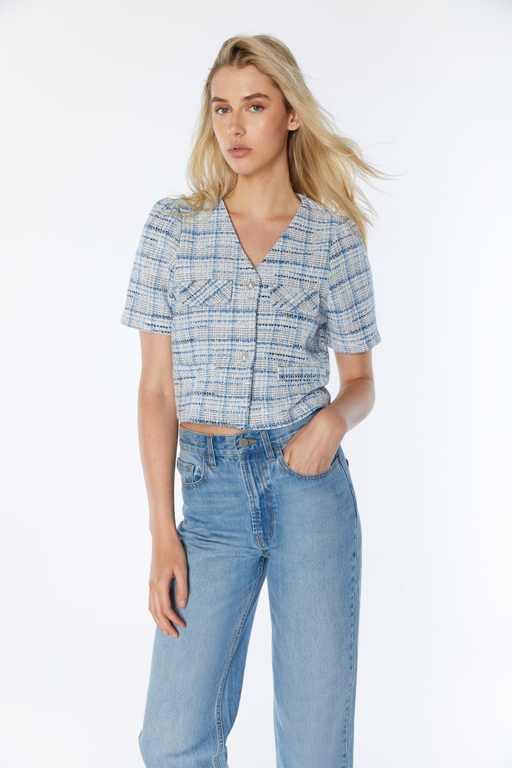 TWEED PLAID BLAZER in Blue — alternate angle