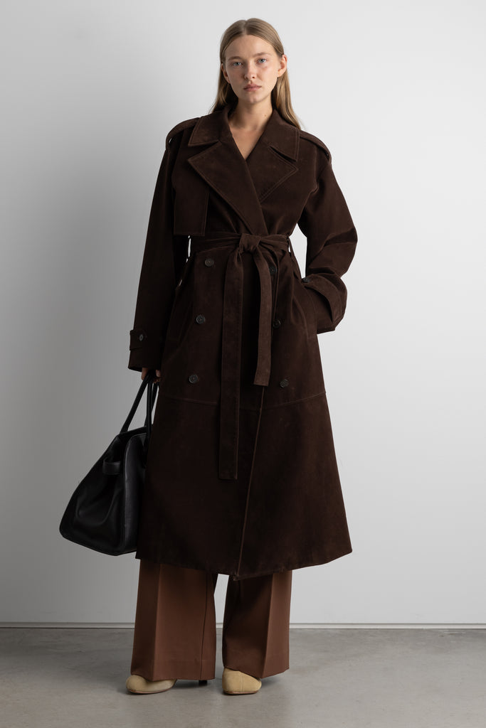 Long Paneled Vegan Suede Trench Coat | OAK + FORT – OAK + FORT USA