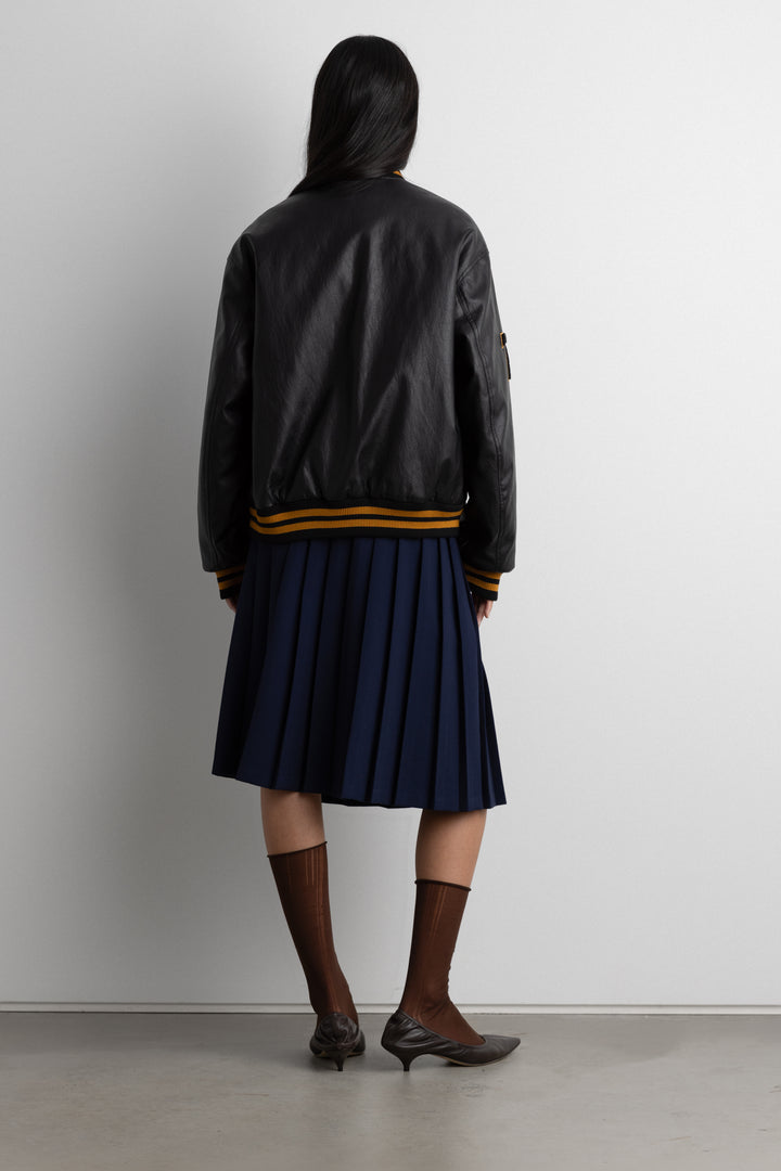 VEGAN LEATHER LETTERMAN BOMBER JACKET in Black — alternate angle