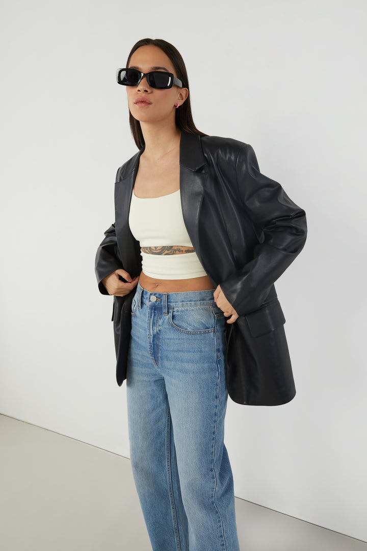 VEGAN LEATHER BLAZER in Black — alternate angle