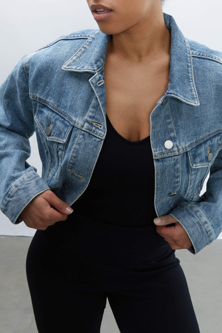 CROPPED DENIM JACKET in Medium Light Wash — alternate angle