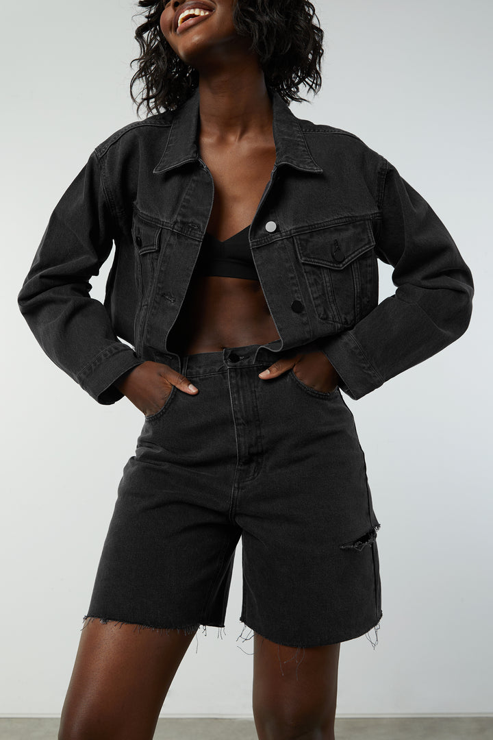 CROPPED DENIM JACKET in Washed Black — alternate angle