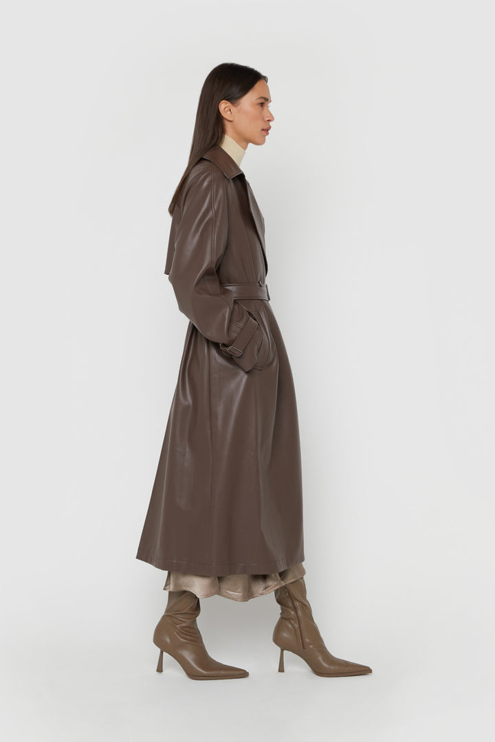 OVERSIZED VEGAN LEATHER TRENCH COAT in Chocolate Brown — alternate angle