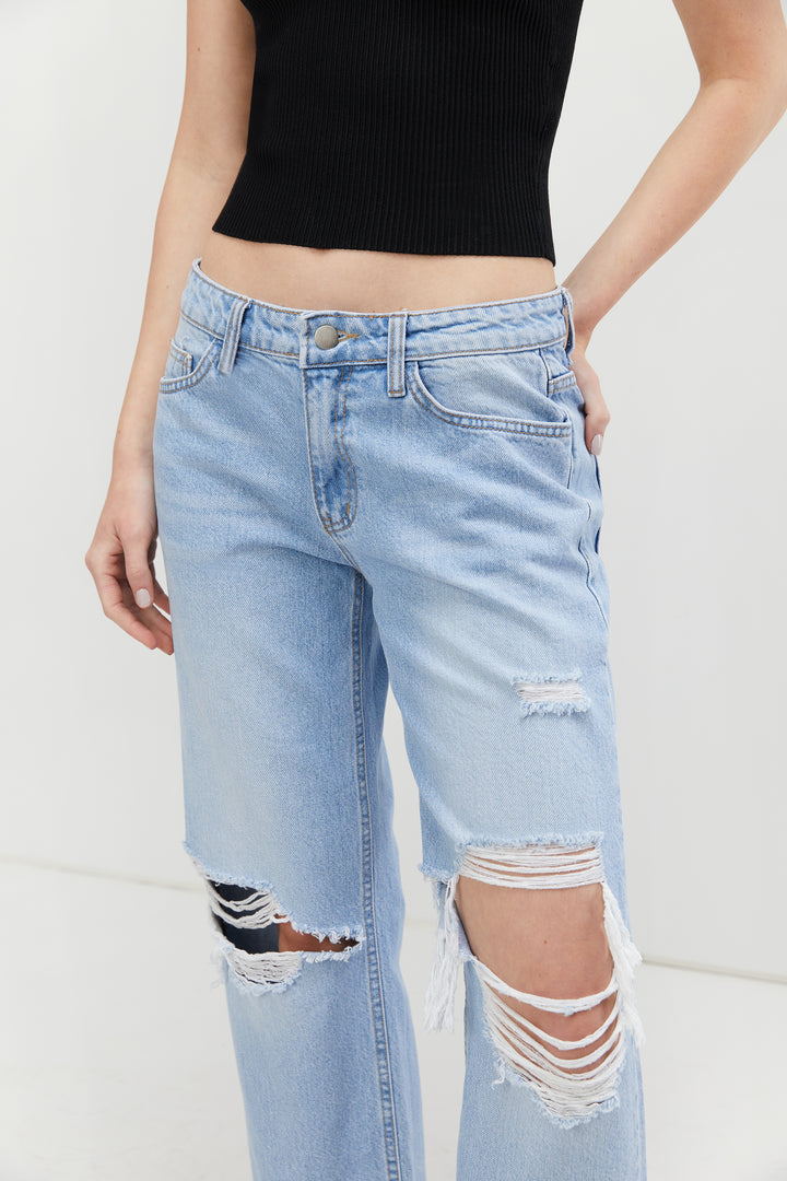 DISTRESSED STRAIGHT LEG JEAN in Light Wash — alternate angle