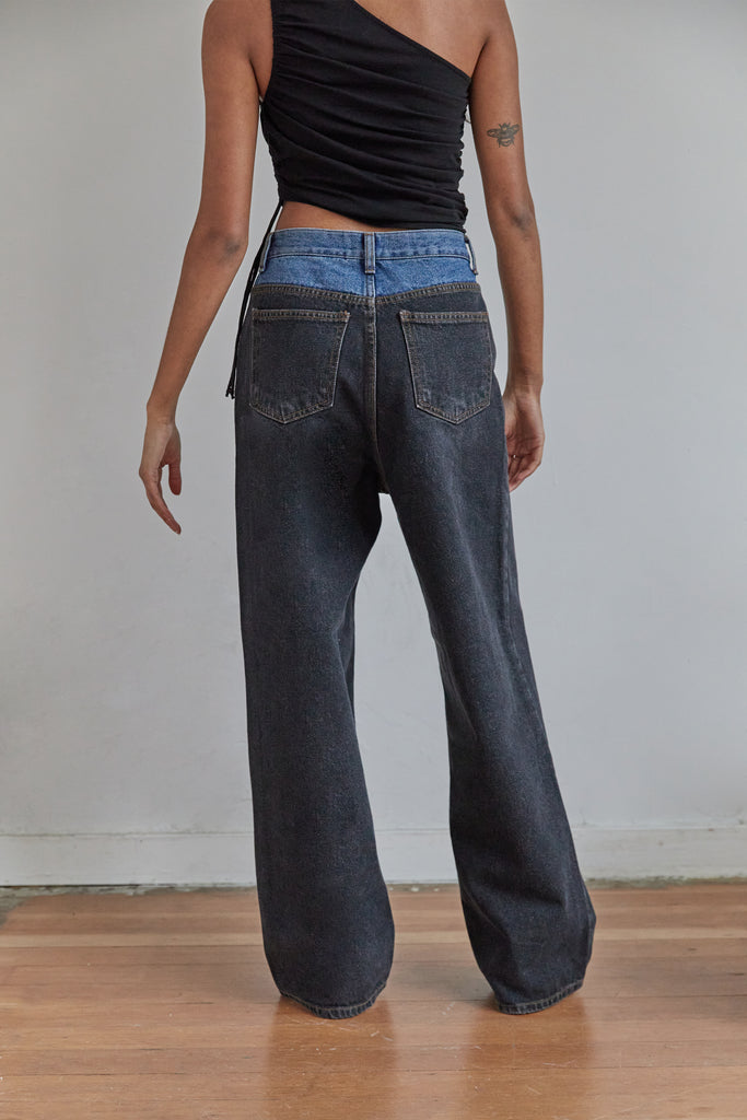 Two-Tone Black Wide-Leg Denim Jeans
