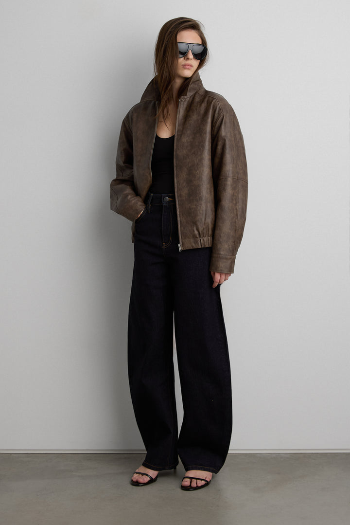 VEGAN LEATHER BOMBER JACKET in Brown — alternate angle