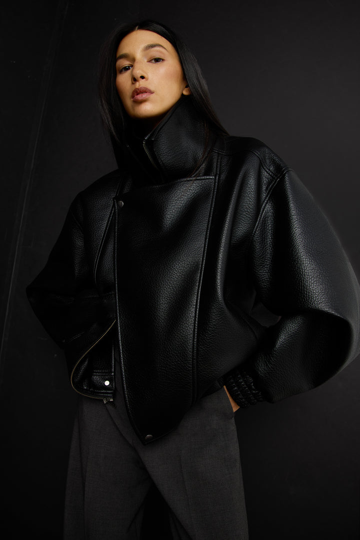 VEGAN LEATHER DOUBLE COLLAR BIKER JACKET in Black — alternate angle