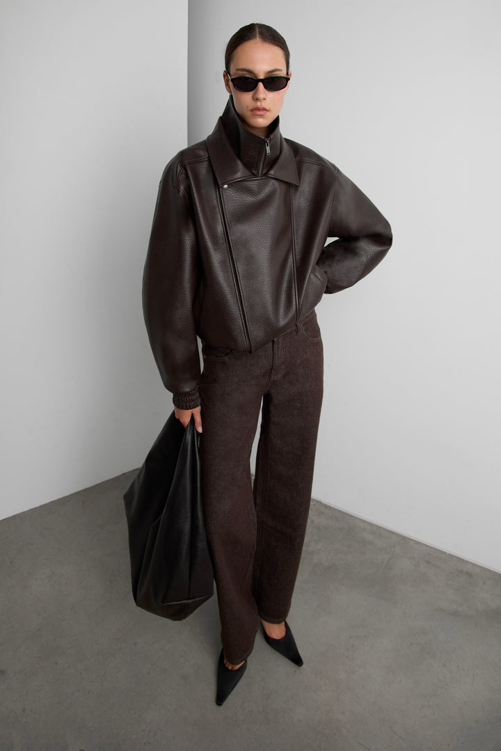 VEGAN LEATHER DOUBLE COLLAR BIKER JACKET in Dark Chocolate — alternate angle