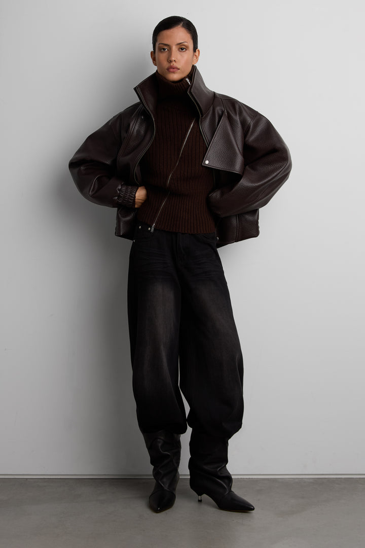 VEGAN LEATHER DOUBLE COLLAR BIKER JACKET in Dark Chocolate — alternate angle