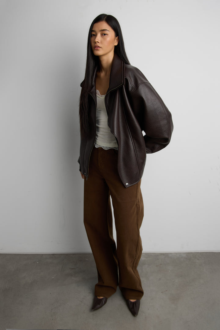 VEGAN LEATHER DOUBLE COLLAR BIKER JACKET in Dark Chocolate — alternate angle