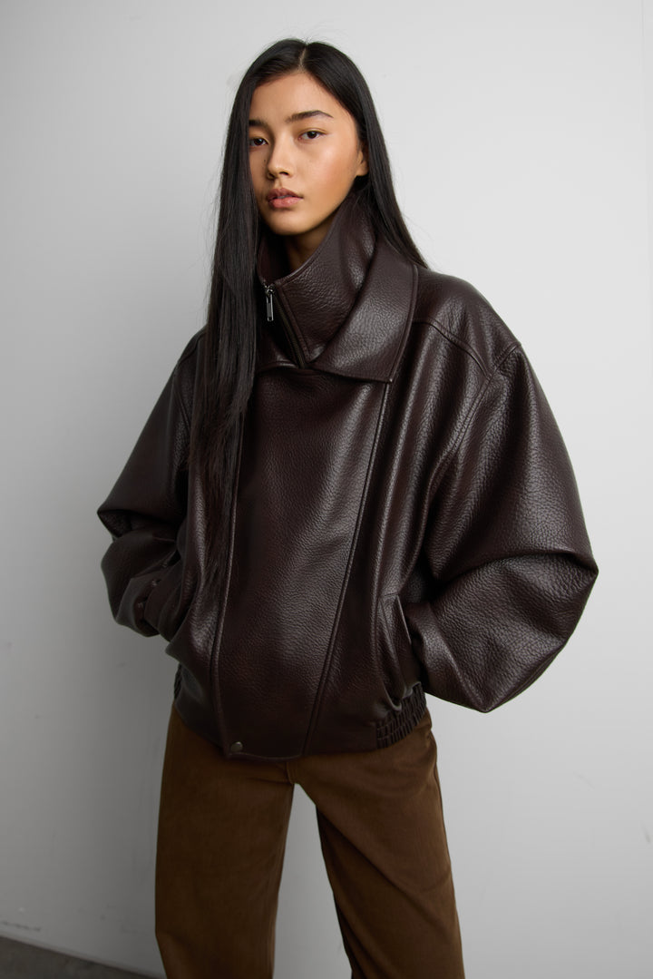 VEGAN LEATHER DOUBLE COLLAR BIKER JACKET in Dark Chocolate — alternate angle