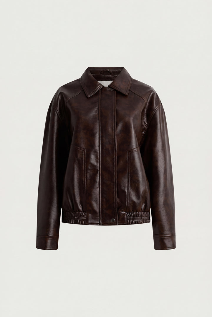 COLLARED VEGAN LEATHER BOMBER JACKET in AFTER DARK — alternate angle