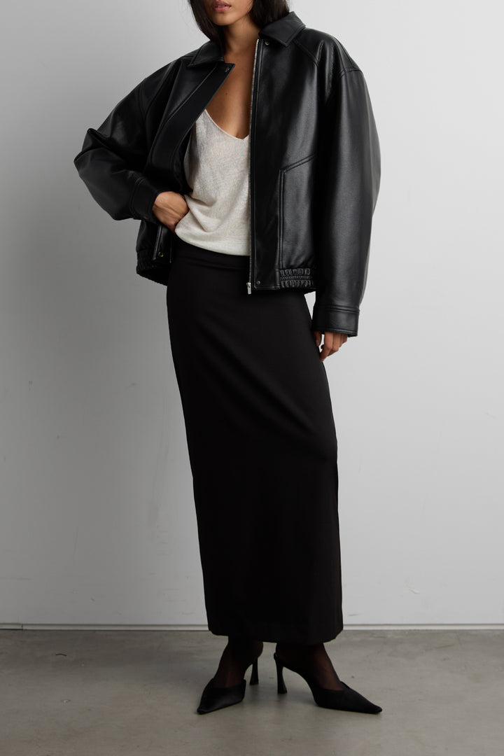 COLLARED VEGAN LEATHER BOMBER JACKET in Black — alternate angle
