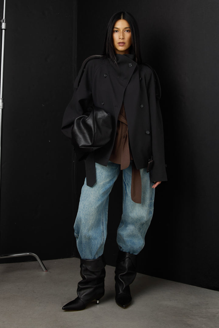 SHORT DOUBLE-BREASTED FUNNEL NECK TRENCH COAT in Black — alternate angle