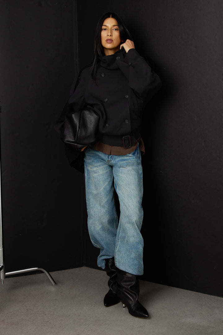 SHORT DOUBLE-BREASTED FUNNEL NECK TRENCH COAT in Black — alternate angle