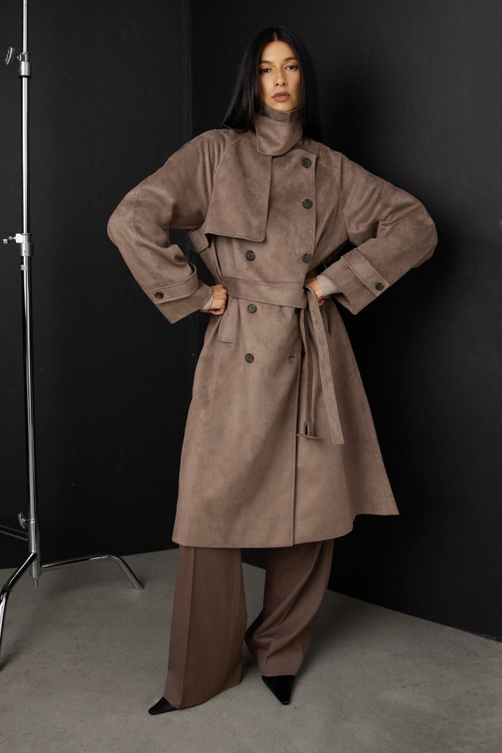 VEGAN SUEDE TRENCH COAT in ASH TAUPE — alternate angle