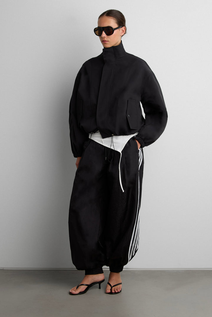 HIGH FUNNEL NECK CROPPED DRAWSTRING JACKET in Black — alternate angle