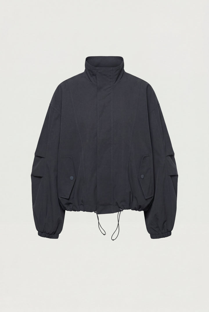 HIGH FUNNEL NECK CROPPED DRAWSTRING JACKET in Charcoal — alternate angle