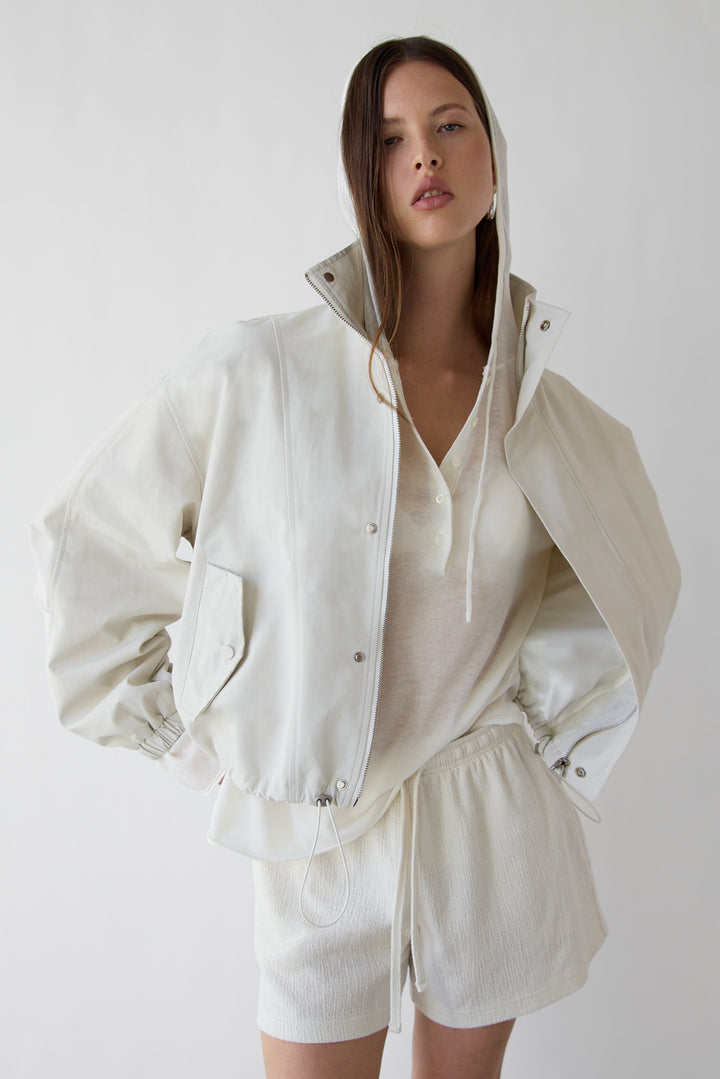 HIGH FUNNEL NECK CROPPED DRAWSTRING JACKET in Silver Birch — alternate angle