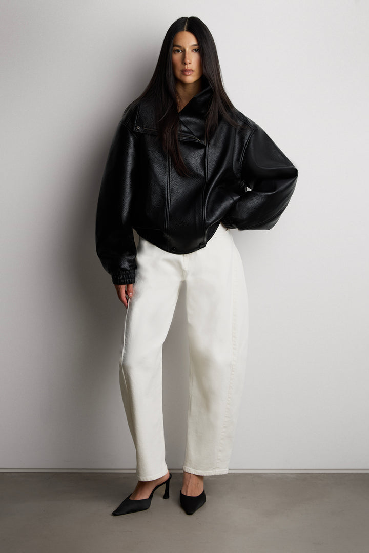 HIGH FUNNEL NECK VEGAN LEATHER JACKET in Black — alternate angle