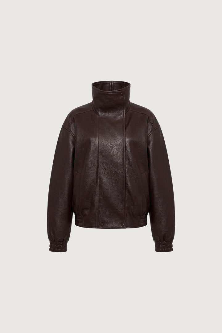 HIGH FUNNEL NECK VEGAN LEATHER JACKET in Dark Chocolate — alternate angle