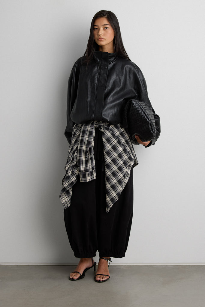 High Neck Vegan Leather Jacket with Elasticated Hem | OAK + FORT
