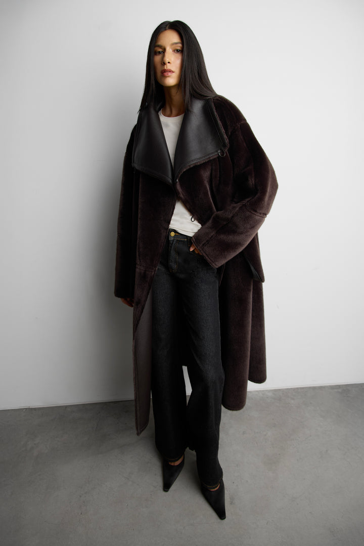 VEGAN LEATHER FAUX FUR LINED COAT in AFTER DARK — alternate angle