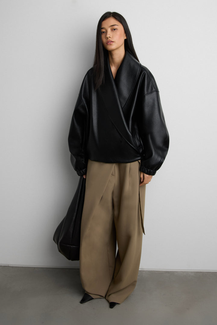 FOLD-OVER LAPEL VEGAN LEATHER JACKET in Black — alternate angle
