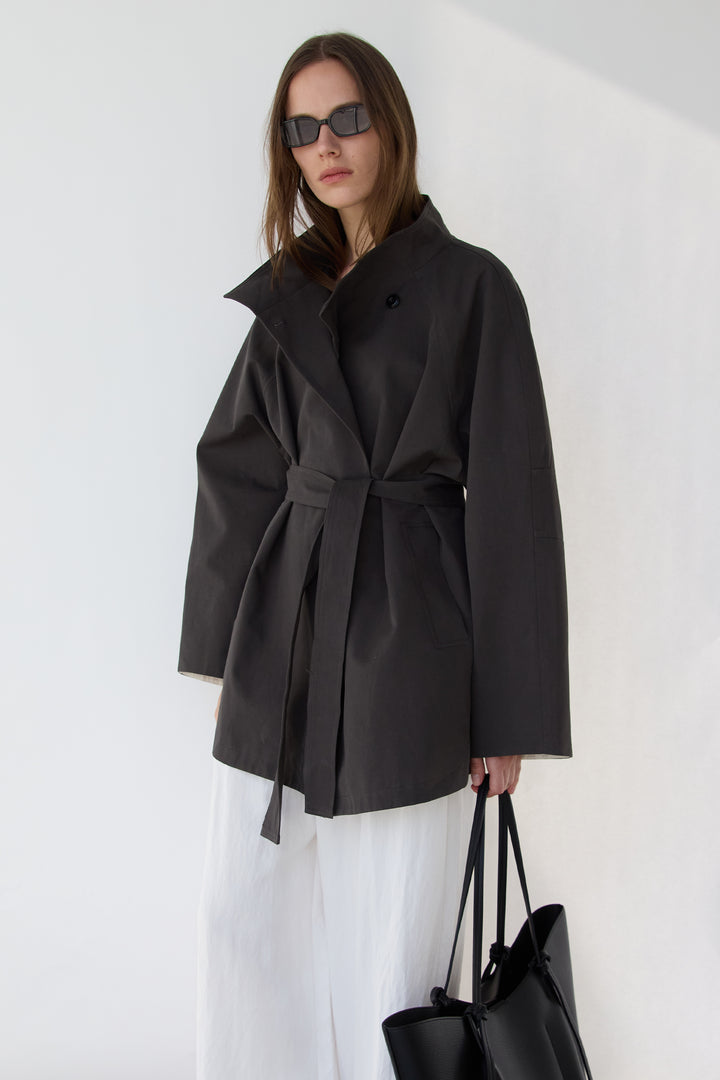 BELTED FUNNEL NECK JACKET in Charcoal — alternate angle