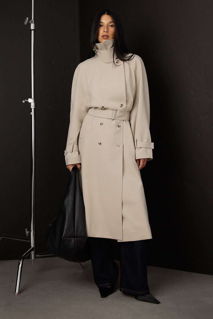 OVERSIZED TRENCH COAT WITH FUNNEL NECK in FEATHER GREY — alternate angle