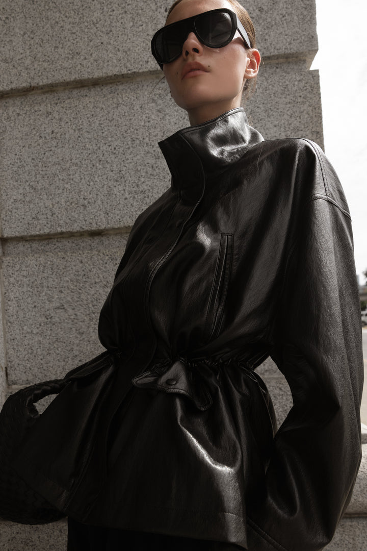 VEGAN LEATHER UTILITY JACKET in Black — alternate angle