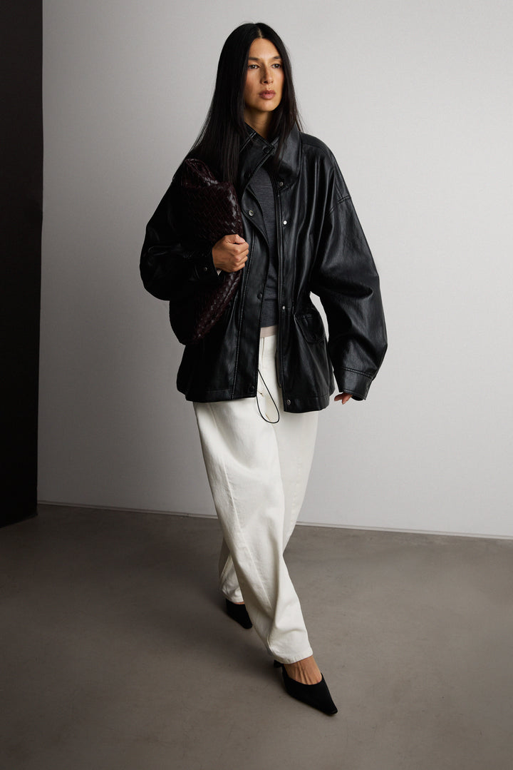 VEGAN LEATHER UTILITY JACKET in Black — alternate angle