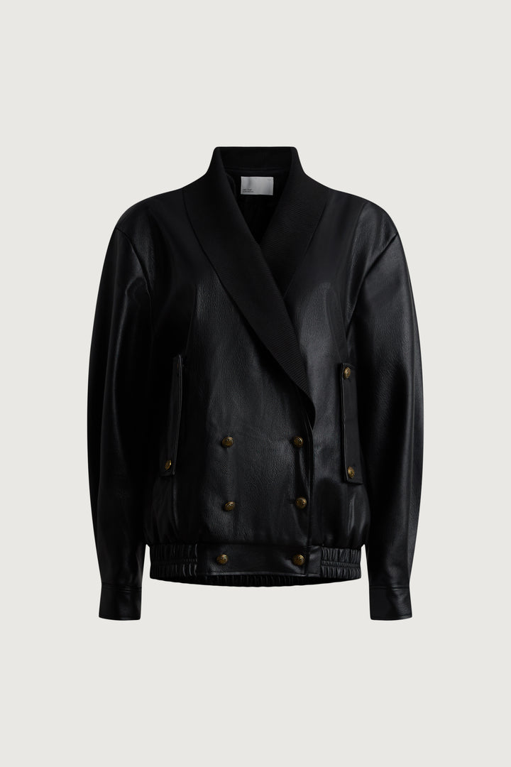 DOUBLE-BREASTED RIBBED COLLAR VEGAN LEATHER JACKET in Black — alternate angle