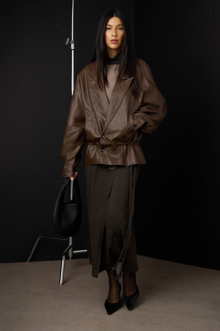 NOTCHED LAPEL VEGAN LEATHER JACKET WITH WAIST TIE in Brown — alternate angle