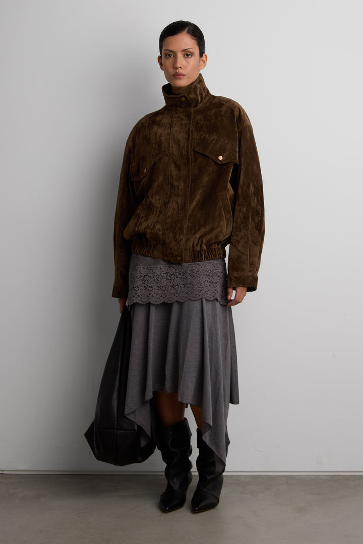 MOCKNECK VEGAN SUEDE BOMBER JACKET in Brown — alternate angle