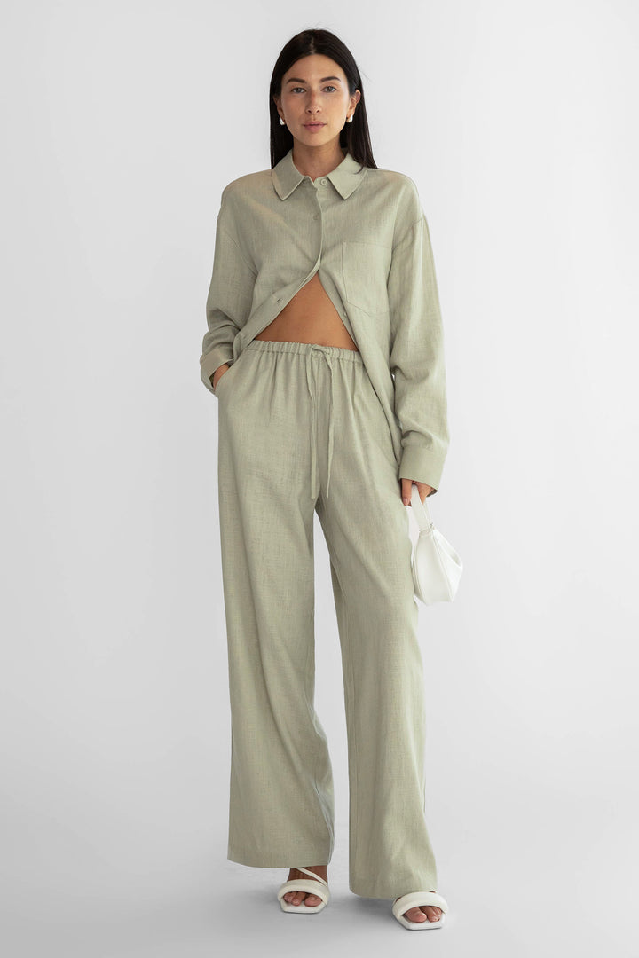 LINEN BLEND WIDE LEG PANT in Moss Grey — alternate angle