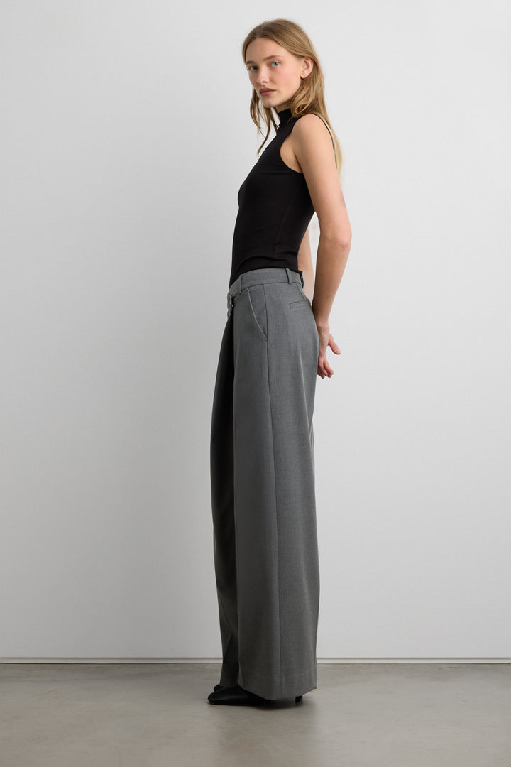 FRONT WRAP STRAIGHT LEG TROUSER in Medium Heather Grey — alternate angle